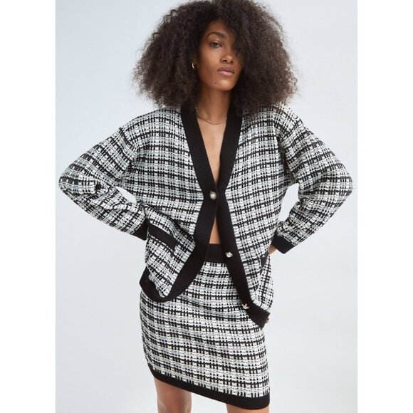 BABATON Lacer Tweed Cardigan Wool Sweater Pearl Buttons Black White XXS Aritzia - Picture 3 of 14